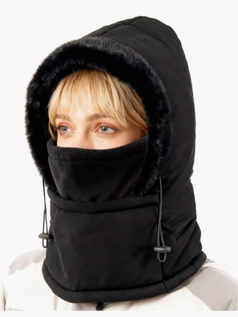 Women's Black Insulated Hooded Neck Warmer with Faux Fur Trim